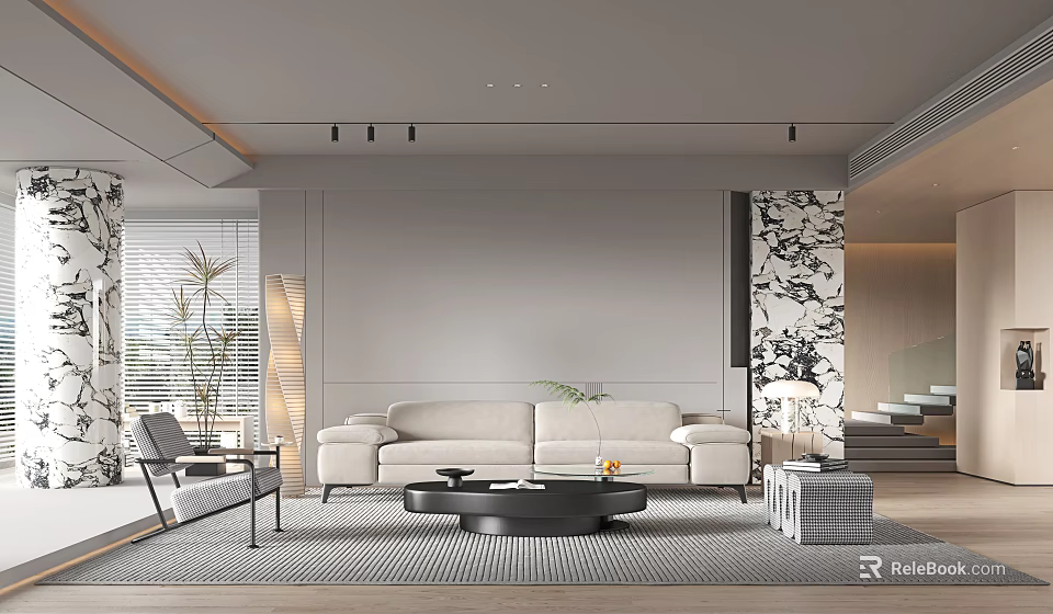 Modern Living Room Interior With Beige Sofa Black Round Coffee Table And Patterned Accent Wall 3d model 
