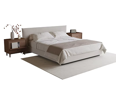 Modern Double Bed with Light Bed Frame Nightstands Vase with Dried Flowers and Soft Rug 3d model