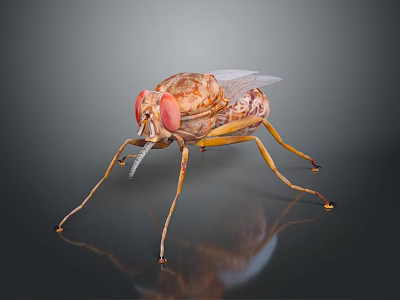 Brownish Yellow Fly With Red Compound Eyes Transparent Wings And Slender Legs On Reflective Surface 3d model