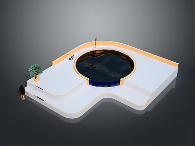 Modern Circular Water Pool Design With White Platform Small Plant Lamp Post And Figure 3d model