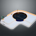 Modern Circular Water Pool Design With White Platform Small Plant Lamp Post And Figure
