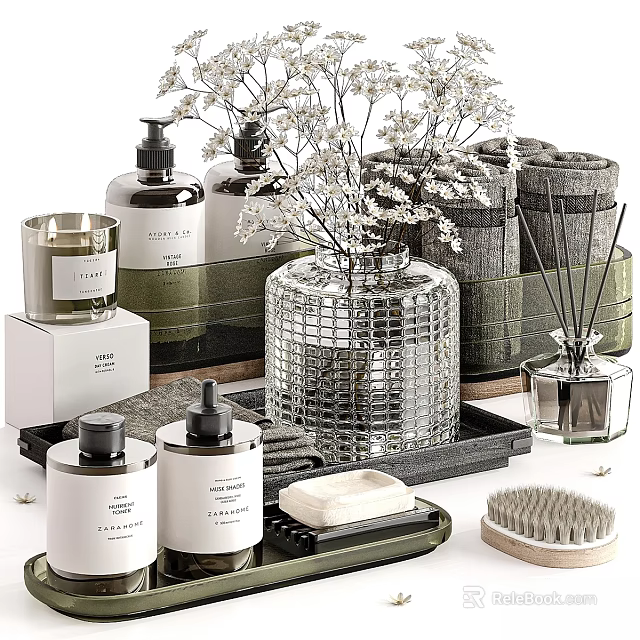 Bathroom Daily Cleaning Essentials Including Soap Dispensers Candles Towels Soap Bar And Decorative Tray 3d model 