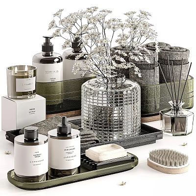 Bathroom Daily Cleaning Essentials Including Soap Dispensers Candles Towels Soap Bar And Decorative Tray 3d model