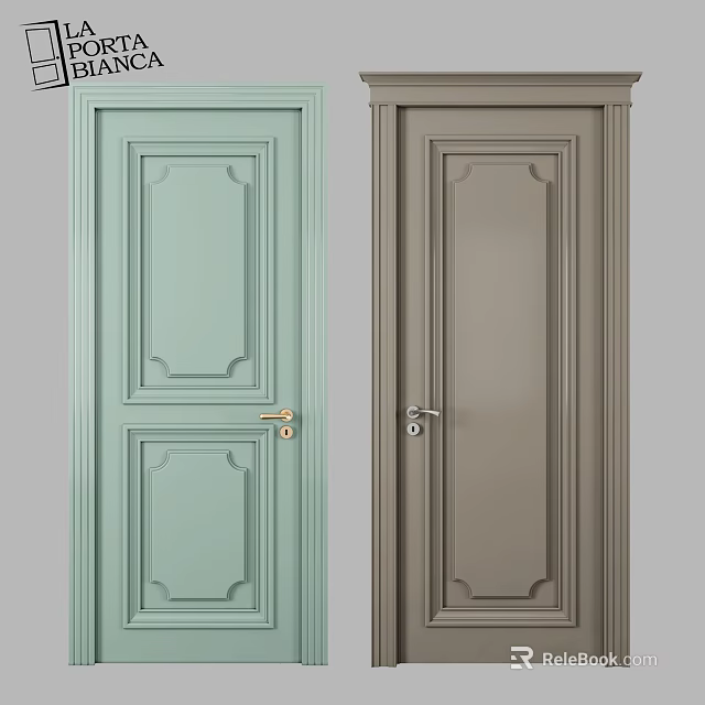 Modern Interior Hinged Door Design With Light Green and Gray Panels and Handles 3d model 