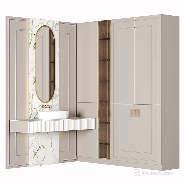 Modern Bathroom Vanity With Round Mirror Marble Countertop And Storage Cabinets 3d model 