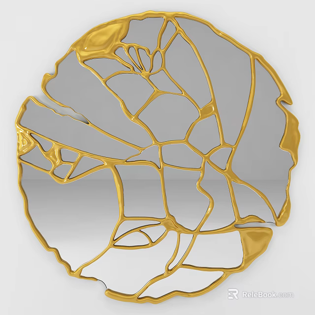 Round Artistic Modern Mirror With Gold Floral Leaf Cutout Frame Design 3d model 