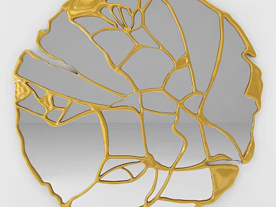 Round Artistic Modern Mirror With Gold Floral Leaf Cutout Frame Design 3d model