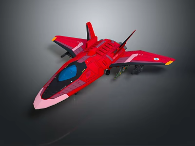 Red Fighter Jet Model with Blue Cockpit and Yellow Wing Tips on Dark Backdrop 3d model