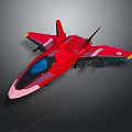 Red Fighter Jet Model with Blue Cockpit and Yellow Wing Tips on Dark Backdrop