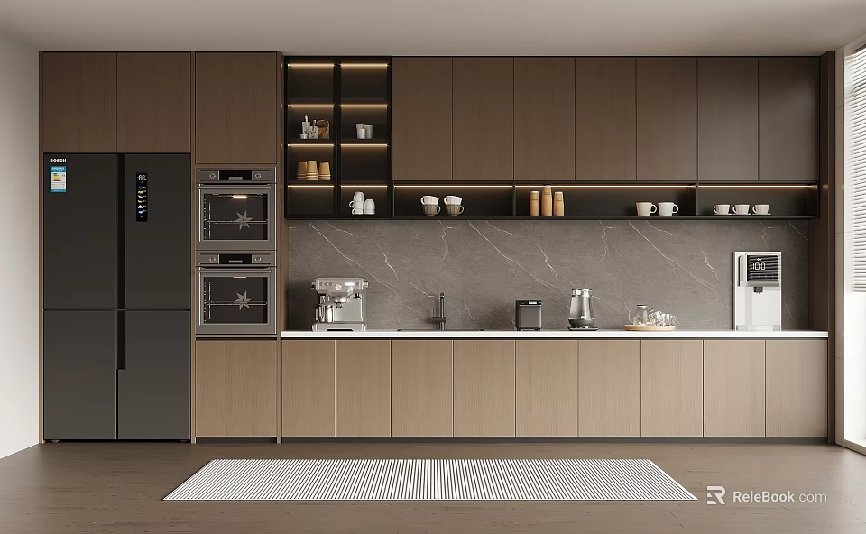 Modern Kitchen Interior With Dark Upper Light Lower Cabinets Marble Backsplash Appliances And Striped Rug 3d model 