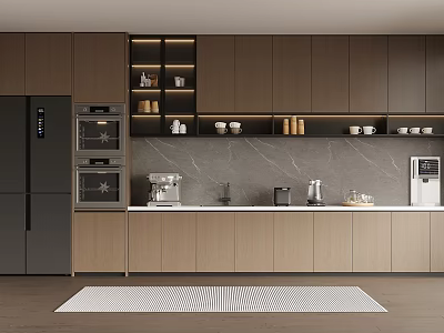 Modern Kitchen Interior With Dark Upper Light Lower Cabinets Marble Backsplash Appliances And Striped Rug 3d model