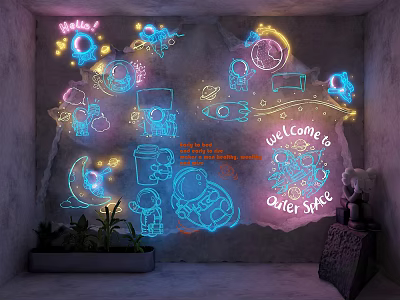 Neon Decorative Lights With Astronaut Moon Stars Wall Art And Welcome Sign 3d model