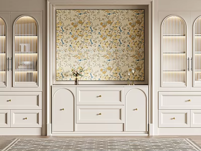 White Wine Cabinet With Glass Door Storage And Gold Floral Wallpaper Background 3d model