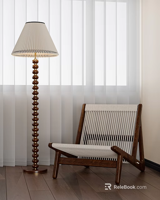 Brown White Leisure Chair With Wooden Frame Woven Design And Floor Lamp By Curtains 3d model 