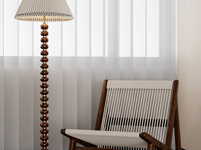 Brown White Leisure Chair With Wooden Frame Woven Design And Floor Lamp By Curtains 3d model