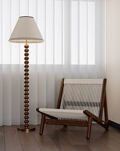 Brown White Leisure Chair With Wooden Frame Woven Design And Floor Lamp By Curtains 3d model