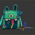 Cute Green Rabbit Shaped Backpack With Stationery Colored Pencils Notebook And Papers