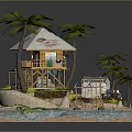 Cartoon Scene With Thatched Hut Palm Trees Small House Staircase Sand Water And Green Plants