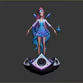 Futuristic Speaker Platform With Pink Haired Character Blue Outfit Wings And Microphone