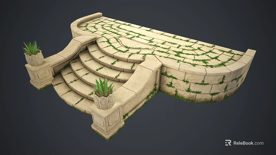 Curved Stone Staircase With Moss Covered Steps And Stone Planters With Plants 3d model 