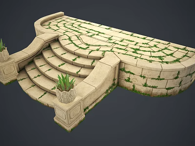 Curved Stone Staircase With Moss Covered Steps And Stone Planters With Plants 3d model