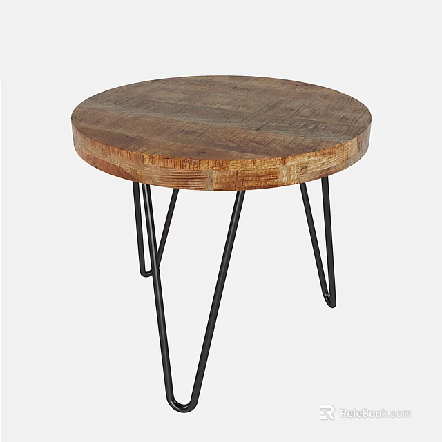 Round Minimalist Coffee Table With Rustic Wooden Top And Black Metal Legs 3d model 