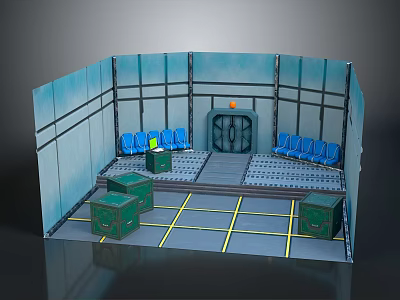 Cartoon Scene Interior With Blue Seats Green Boxes And Yellow Lined Floor 3d model