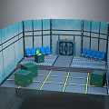 Cartoon Scene Interior With Blue Seats Green Boxes And Yellow Lined Floor
