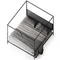 Modern Four Poster Double Bed With Upholstered Headboard And Striped Bed Linens