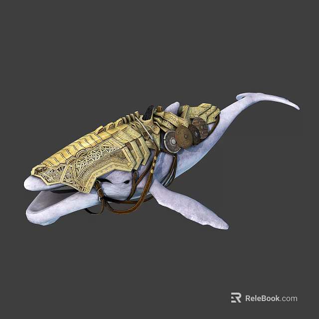 White Whale With Golden Decorations And Mechanical Parts In Fantasy Style Design 3d model 