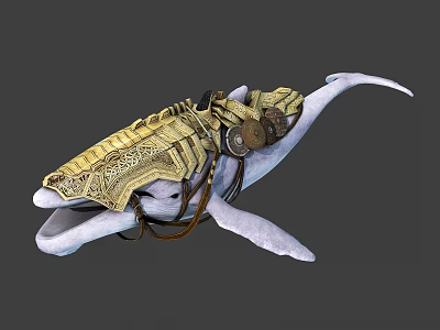 White Whale With Golden Decorations And Mechanical Parts In Fantasy Style Design 3d model