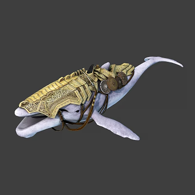 White Whale With Golden Decorations And Mechanical Parts In Fantasy Style Design 3d model