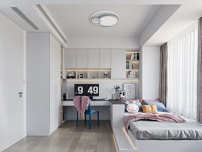 Modern Tatami Bedroom Interior With Tatami Bed Desk Bookshelf Blue Chair And Curtains 3d model