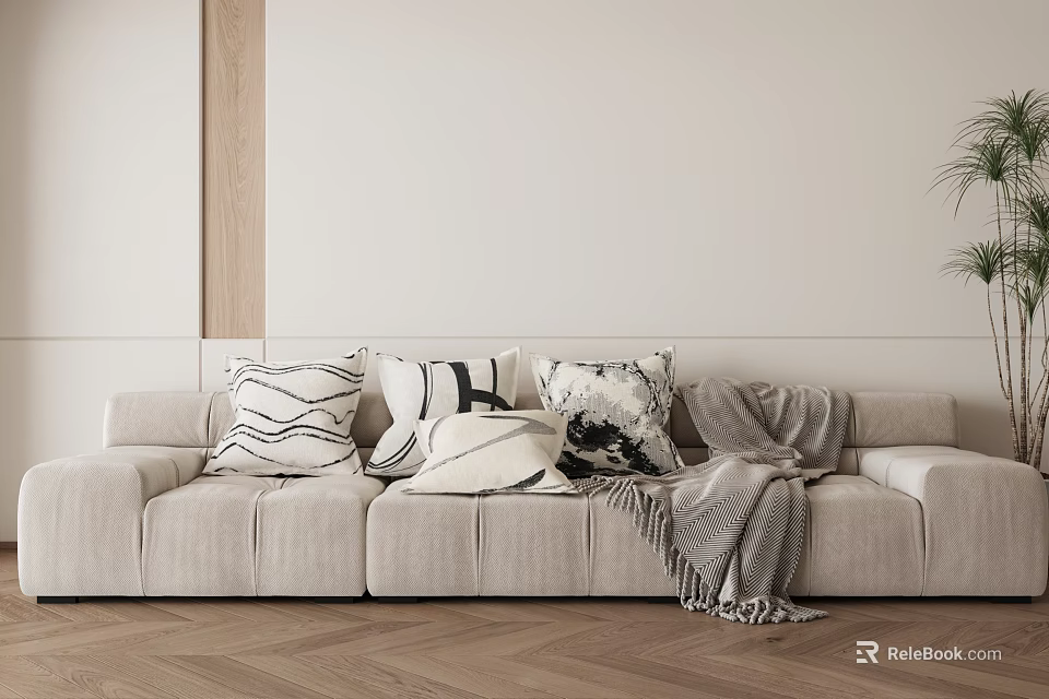 Beige Sectional Sofa Featuring Patterned Pillows Gray Throw Blanket Light Wall Herringbone Floor 3d model
