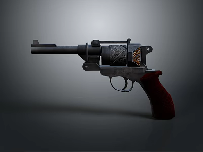 Vintage Revolver With Detailed Engraved Metal Barrel And Red Wooden Grip 3d model