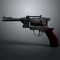 Vintage Revolver With Detailed Engraved Metal Barrel And Red Wooden Grip