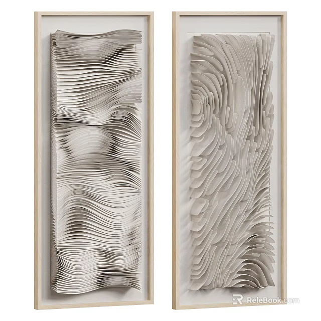 Two Piece 3D Textured Wavy Wall Art With Wooden Frame Design 3d model 