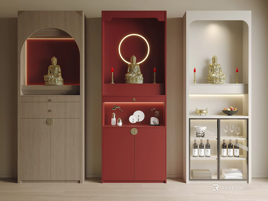 Buddhist Shrine Cabinets In Various Colors With Buddha Statues Circular Light And Storage Shelves 3d model 