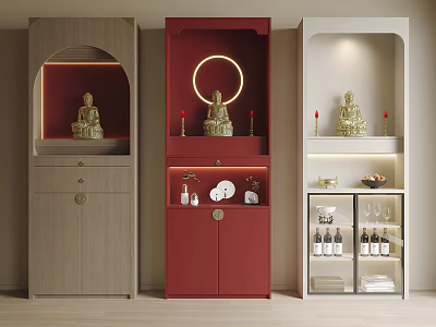 Buddhist Shrine Cabinets In Various Colors With Buddha Statues Circular Light And Storage Shelves 3d model