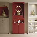 Buddhist Shrine Cabinets In Various Colors With Buddha Statues Circular Light And Storage Shelves