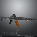 Tactical Rifle With Silver Body Orange Stock Scope Hollow Design On Dark Surface With Reflection