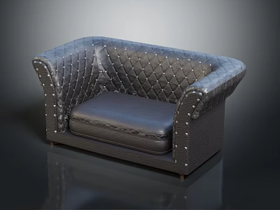 Classic Black Leather Sofa With Quilted Design And Studded Armrests 3d model
