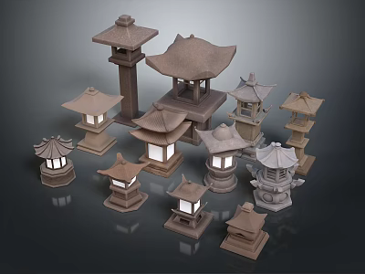 Traditional Japanese Stone Lanterns With Various Designs For Garden Decoration 3d model