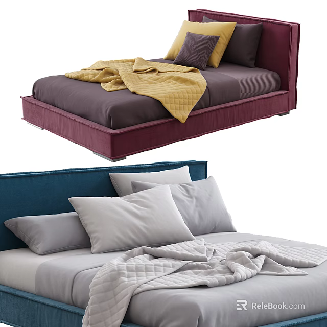 Modern Double Bed Featuring Purple Blue Headboard Gray Bedding Soft Pillows And Cozy Blankets 3d model 