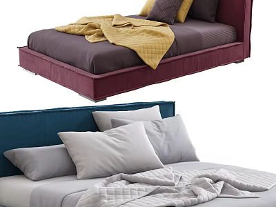 Modern Double Bed Featuring Purple Blue Headboard Gray Bedding Soft Pillows And Cozy Blankets 3d model