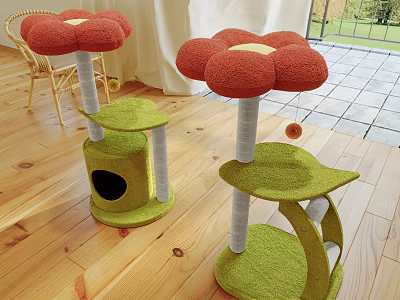 Green Cat Tree With Red Flower Shaped Top Platforms Cat Cave And Hanging Bell Toy 3d model
