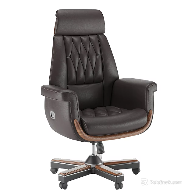 Leather Office Chair With Diamond Stitched Backrest And Wood Accent Armrests 3d model 