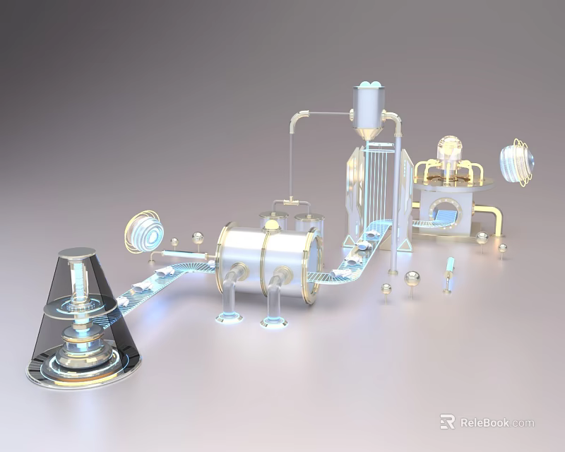 Futuristic Silver Art Installation With Metallic Pipes Spheres Conical Structures And Mechanical Design 3d model 