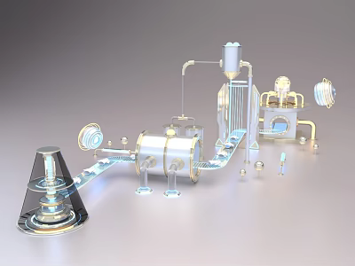 Futuristic Silver Art Installation With Metallic Pipes Spheres Conical Structures And Mechanical Design 3d model