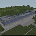 Modern Station Exterior with Glass Facade Curved Roof Design Green Lawn and Trees